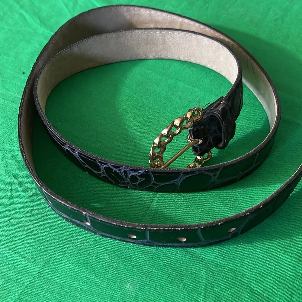 Black Leather Belt with Gold Chain Buckle